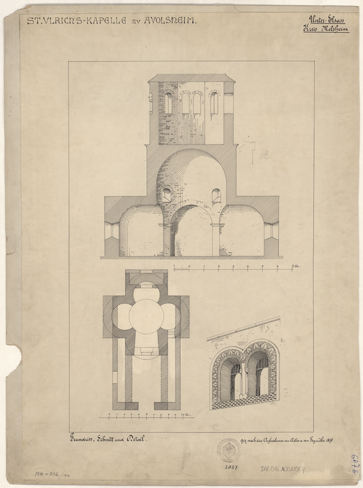 Plan de masse, coupe transversale et détail d’une baie.